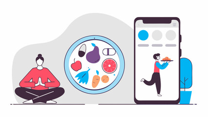 A woman meditates while a healthy meal and a food delivery app are shown nearby.  The illustration promotes wellness and mindful eating.