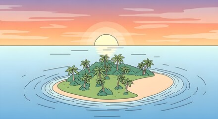 Vibrant cartoon illustration of a serene tropical island with lush palm trees and a sandy beach in the calm ocean at a beautiful sunset.
