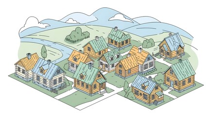 Obraz premium Illustration of a charming village nestled in a picturesque landscape, featuring traditional wooden houses with colorful roofs, surrounded by rolling hills and a meandering river.