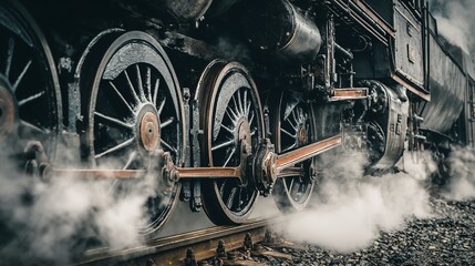 Close-up view of a vintage steam train's wheels, billowing steam, and tracks.