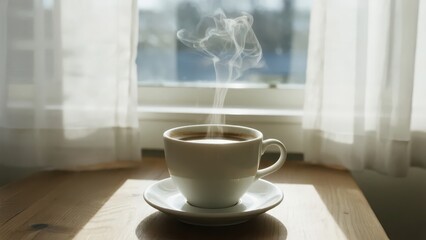 A white cup filled with a steaming beverage is placed on a wooden table, creating a warm and cozy atmosphere.