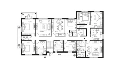 2D Floor Plan Black and White | House, Apartment, Villa Layout with Furniture Vector Illustration