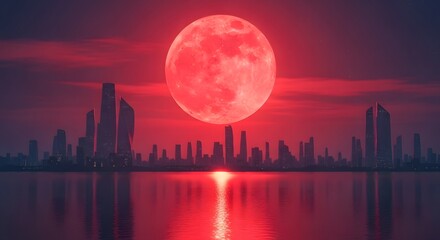 Dramatic red moon illuminates modern city skyline reflected on calm water at dusk