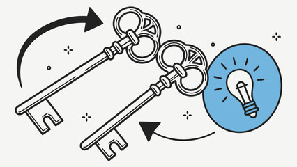 Illustration of two antique keys exchanging positions with a lightbulb, symbolizing creative problem-solving and innovative ideas.