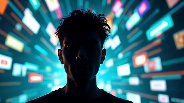 A person’s silhouette surrounded by glowing notification icons and endless scrolling visuals, symbolizing internet overuse.
