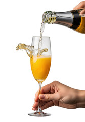 Elegant hand pouring golden champagne into a flute with orange juice, creating effervescent bubbles and a perfect mimosa against a bright gray studio background, luxurious celebration