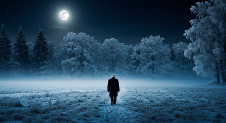 A man strolls leisurely through a fabulous natural landscape illuminated by moonlight.