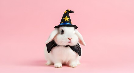 A white bunny wearing a wizard hat and cape, sitting against a pink background.