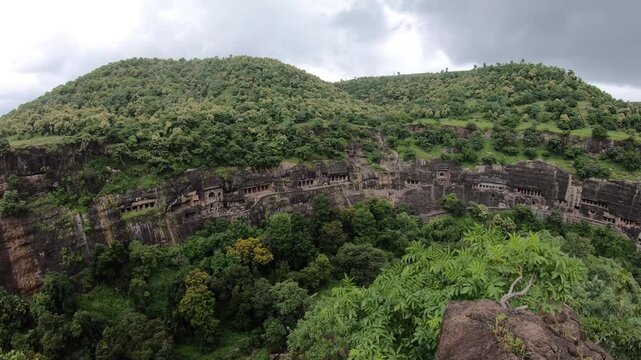Timelapse of Ajanta caves during monsoon. 30 rock-cut Buddhist cave monuments are seen in the timelapse