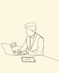 A man working at a table with some papers and a laptop in continuous line art