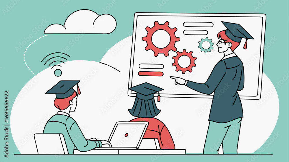 Poster illustration of three graduates collaborating on a project using a whiteboard, laptop, and technolog
