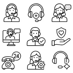 Customer Service Icons Headsets Agents Support and Communication Symbols.
