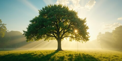 Growth, resilience, and hope symbolized by a majestic tree illuminated by sunrise in a tranquil morning meadow landscape