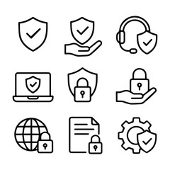Cybersecurity Icon Set Shields Locks and Global Protection.