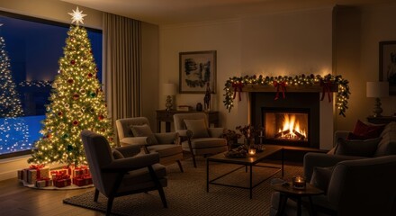 A Tranquil Christmas Scene: Glowing Tree and Fireplace Overlooking a Snowy Night