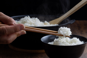 箸で持ち上げたお米　Japanese food