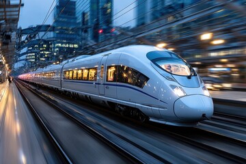 Naklejka premium High Speed Train Leaving City Station at Dusk
