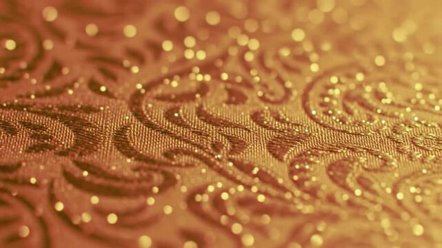Golden brocade fabric with an ornate swirling pattern and sparkling glitter details, creating a luxurious and festive background texture