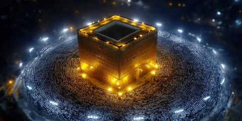 Aerial view of the illuminated Kaaba, surrounded by worshippers during Hajj pilgrimage at night.