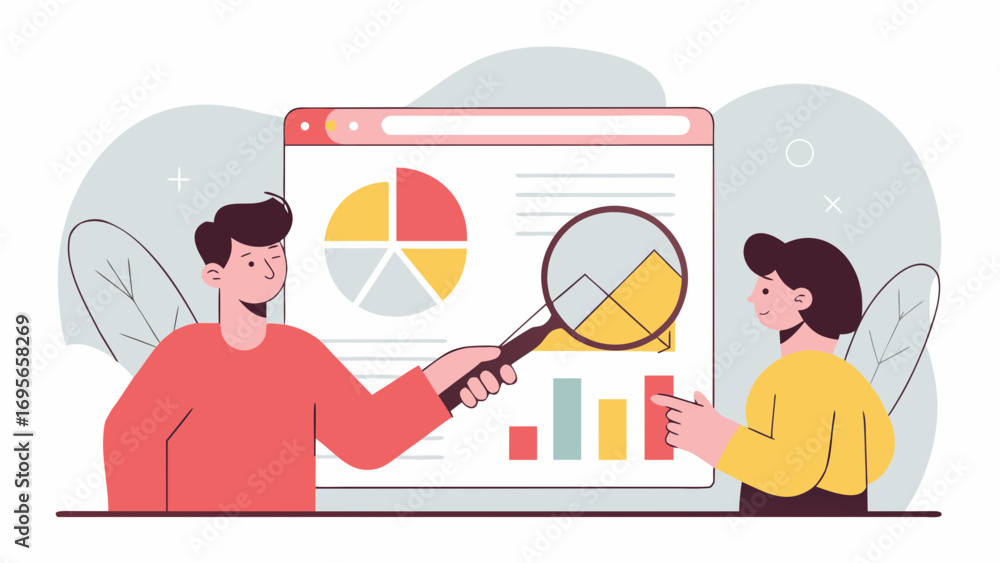 Aufkleber two colleagues analyze data on a large screen. a magnifying glass highlights key statistics. flat de