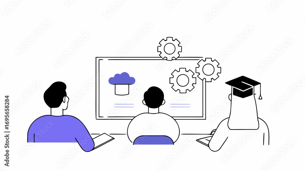 Poster illustration depicting a team collaborating on a cloud computing project. the scene includes a scree