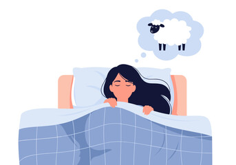 Woman sleeping peacefully in bed dreaming of a fluffy sheep jumping over a fence