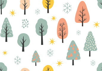 Charming hand drawn winter forest scene with stylized trees snowflakes and stars perfect for seasonal decor
