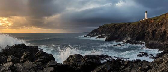 A dramatic coastal cliff at dusk and a lighthouse perched on the edge under a stormy sky.