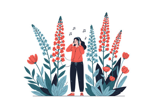 Young person listening to music while surrounded by vibrant blooming flowers and lush greenery