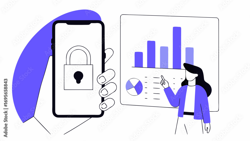 Poster woman analyzing data on a smartphone with a security lock, illustrated with a purple color scheme an