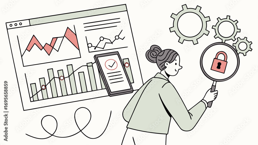 Aufkleber illustration of a woman reviewing data charts and graphs while using a magnifying glass to examine a