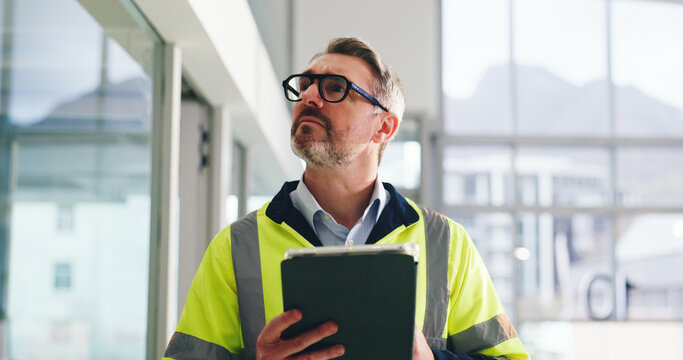 Thinking, architecture and man with tablet, inspection and app for checklist, real estate or ideas. Mature person, civil engineering and employee with tech, quality control and property expansion