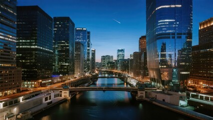 Obraz premium At night in the city, tall buildings stand in great numbers with bright lights. A river runs through the city, and bridges span over it, showing prosperity to the full.