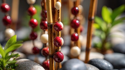 Zen Bamboo Decoration with Red and White Beads and Stones