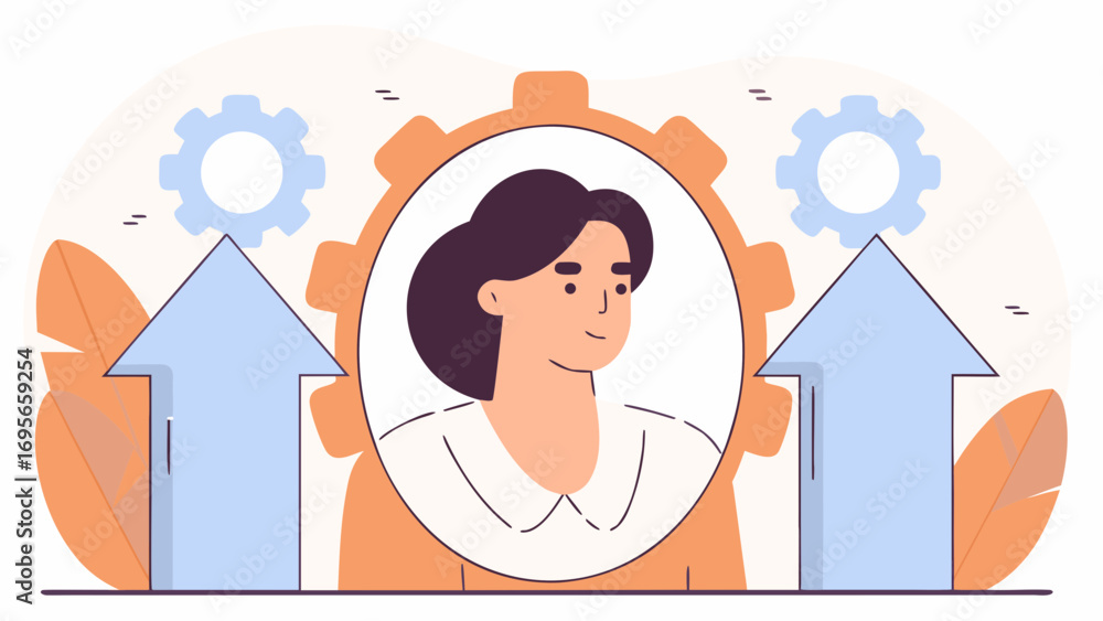 Poster woman in a circular frame surrounded by upward-pointing arrows and gears, suggesting growth and prog