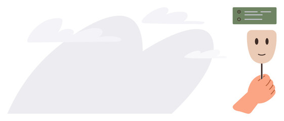 Hand holding a smiling face mask, green checklist floating above, with cloudy sky backdrop. Ideal for identity, emotions, mental health, duality, goals productivity positivity. Simple flat metaphor