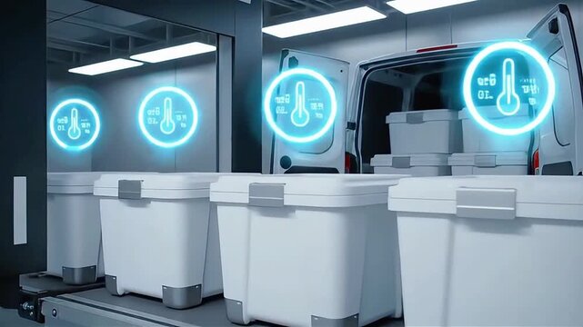 Smart Cold Chain Logistics with Temperature Monitored Containers Being Loaded into a Delivery Van.