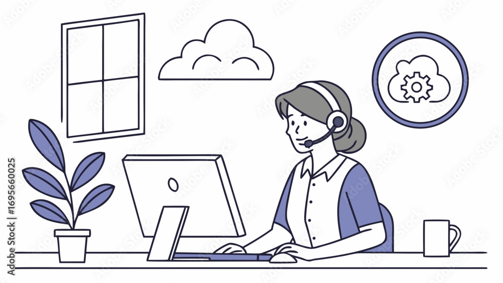 Poster illustration of a woman wearing a headset, working at a computer in a minimalist home office setting