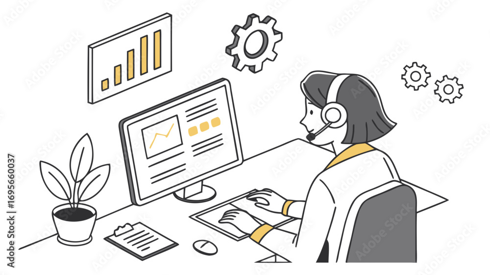 Poster isometric illustration of a woman wearing a headset, working at a computer showing data charts and g