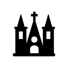 A simple black silhouette icon of a Christian church with a cross, a vector graphic design element for religious and spiritual themes
