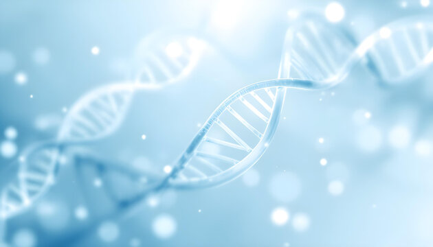 An abstract, clean medical background. A subtle, soft-focus pattern of DNA helices and molecular structures in a light, calming blue on a white background. - Powered by Adobe