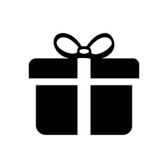 Simple black gift box icon with a ribbon bow on top. A minimalist vector graphic symbol for holidays, birthdays, and celebrations, isolated on a white background