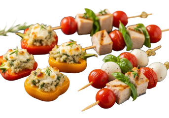 Photorealistic macro shot of gourmet halved mini bell peppers with quinoa, goat cheese, and grilled chicken skewers with mozzarella, tomatoes, basil on rustic wood, soft studio light, creamy bokeh.