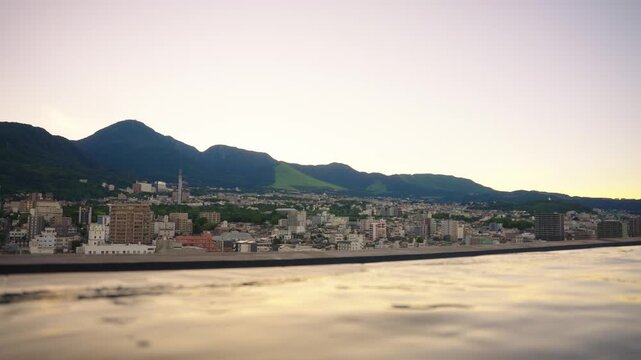 Beppu City and Mt Tsurumi, Evening Sunset Over Infinity Pool, Japan