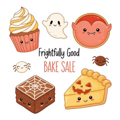 cute halloween autumn bake sale desserts illustration featuring a cupcake, pie slice, brownie, cookie, ghost, spider, and vampire treat in kawaii style.