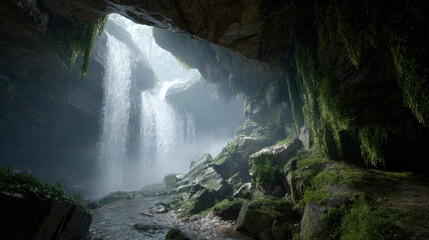 Giant waterfall cavern with roaring water, mist, mossy rocks, and lush green vegetation
