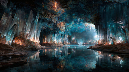 Glowing crystal cave, massive formations, reflective water, mysterious, underground wonder