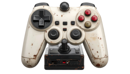  old joystick with classic retro design and simple buttons, isolated on transparent background, PNG format.
