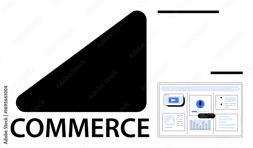 Poster abstract e-commerce platform design featuring a dashboard with analytics, graphs, and content thumbn