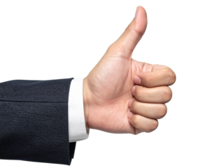 Businessman hand showing thumbs up sign isolated on transparent background